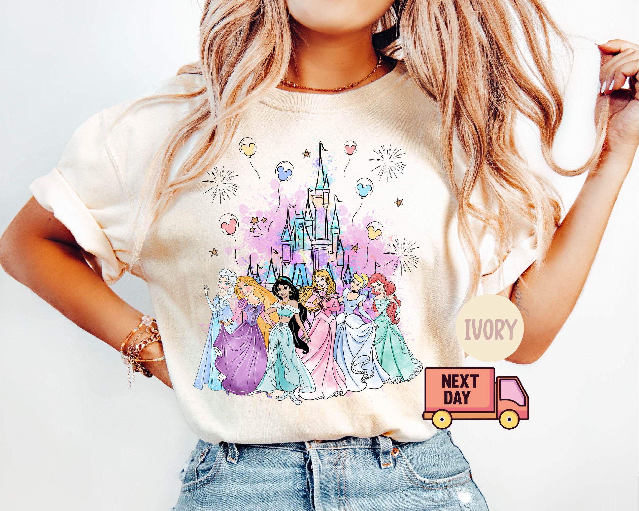 水彩画風お城の幼児用Tシャツ、ディズニープリンセスキッズシャツ