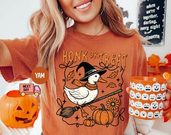 Comfort Colors® Halloweengås-tröja, fånig gås-tröja, tuta eller godis-tröja, rolig Halloween-skelett-tröja, läskiga vibbar-tröja, Halloween-present