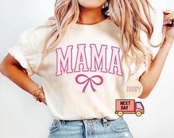 Comfort Colors® Coquette Mama Shirt, Coquette Bow T-shirt for Mom, Mothers Day Gift, Girly Mama Outfit, Baby Shower Gift for Expecting