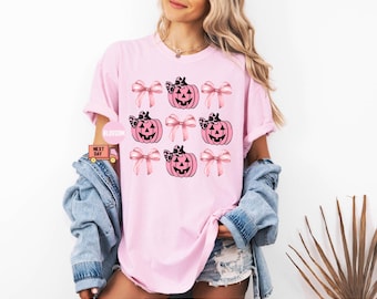 Camisa retro de Halloween, camisa coqueta de Halloween, camisa de calabaza de Halloween, camisa de calabaza rosa, camisa de calabaza con lazo coqueta, camisa coqueta de fantasma