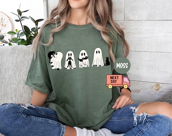 Halloween Black Cat & Ghost Comfort Colors Shirt, Halloween Ghost Tshirt, Spooky Season Cat Tee, Halloween Cute Women Outfit, Halloween Gift