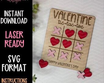 Valentine Tic Tac Toe Laser Cut File | Hearts & Kisses SVG (Digital Download)