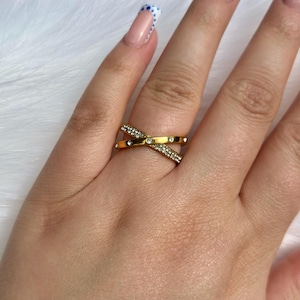 Adjustable Criss Cross Gold Ring, Unique Pavé CZ Jewelry, Stackable Statement 18K Gold PVD Plated, Diamond X Shape Ring, Eternity Crossover