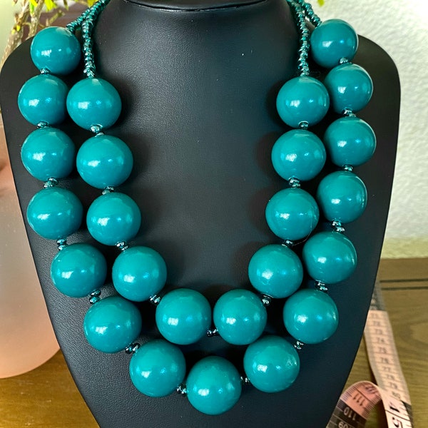 Vintage Teal Gumball Beaded Retro Double Strand Necklace