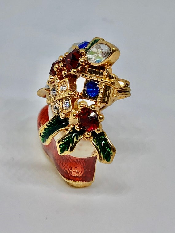 Vintage Brooch Bejeweled Santa's Stocking Boot Rh… - image 2