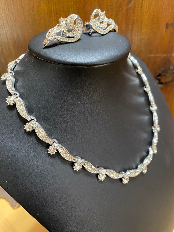 Vintage Rhinestone Choker Necklace Clip Earring S… - image 1