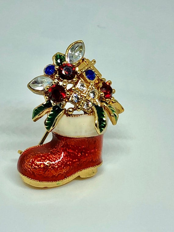 Vintage Brooch Bejeweled Santa's Stocking Boot Rh… - image 5