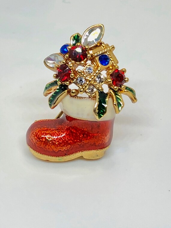 Vintage Brooch Bejeweled Santa's Stocking Boot Rh… - image 1