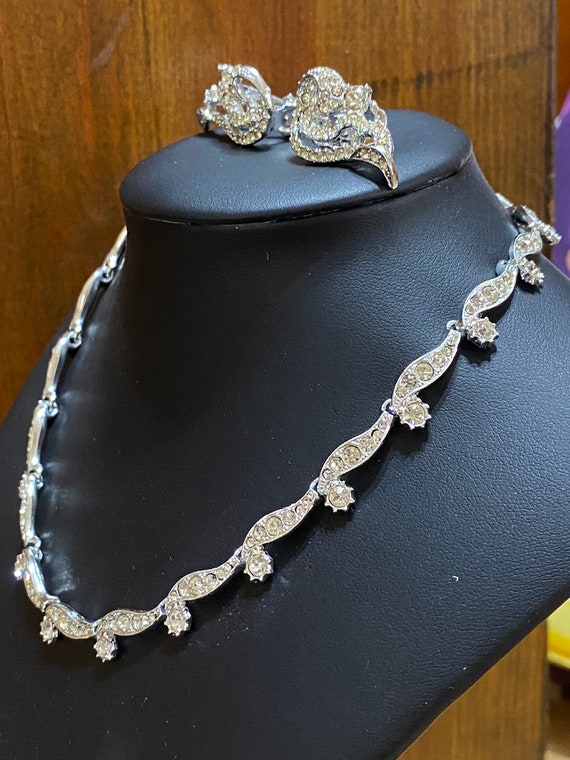 Vintage Rhinestone Choker Necklace Clip Earring S… - image 2