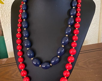 Vintage Signed Monet Blue Beaded Necklace and Red Beaded Necklace