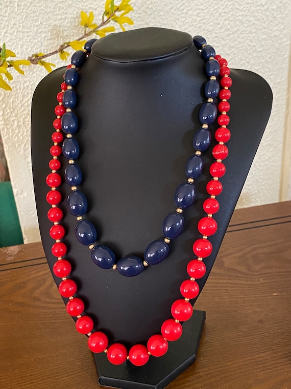 Vintage Signed Monet Blue Beaded Necklace and Red 