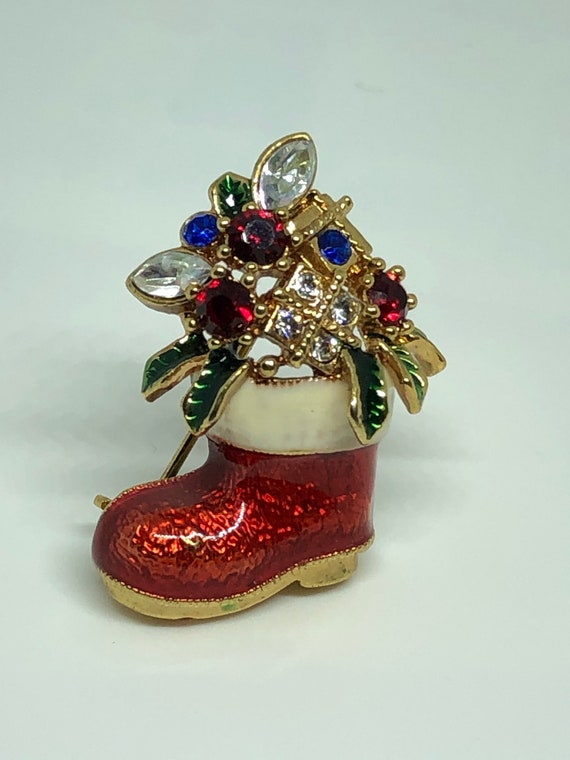 Vintage Brooch Bejeweled Santa's Stocking Boot Rh… - image 7