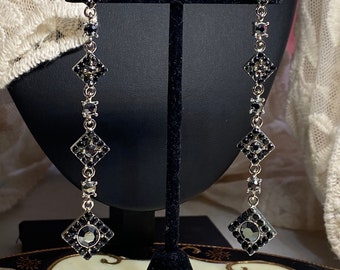 Vintage Black Rhinestone Earrings Long Dangle Gift Boxed