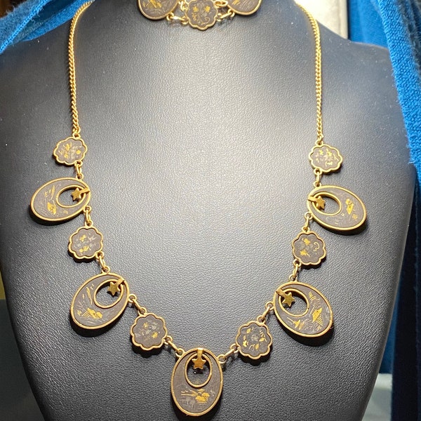 Vintage Japanese Jewelry Set Shakudo Damascene Star Necklace, Bracelet, and One Clip Earring
