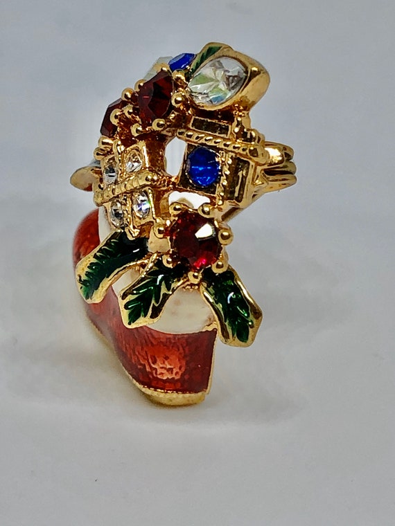 Vintage Brooch Bejeweled Santa's Stocking Boot Rh… - image 3