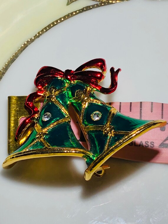 Vintage Brooch Christmas Bells Rhinestone Signed … - image 4