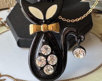 Vintage Black Cat Pendant Necklace | Rhinestone Goldtone Enamel Feline Charm