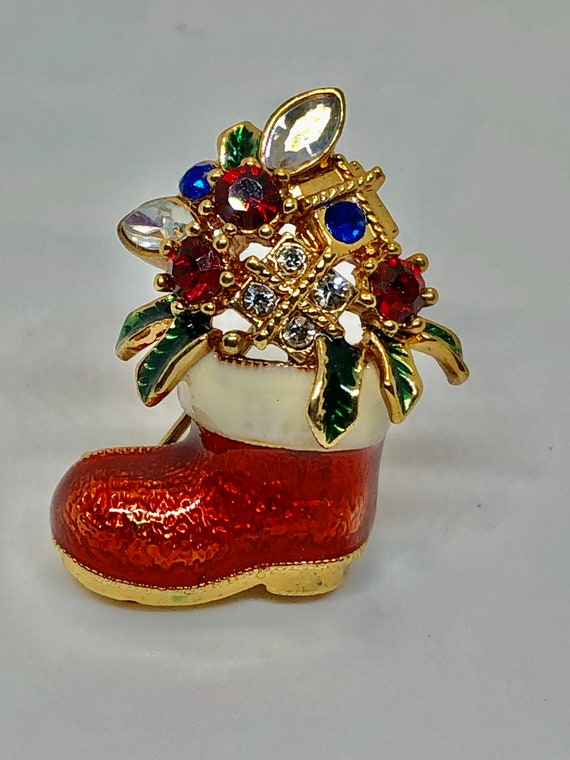 Vintage Brooch Bejeweled Santa's Stocking Boot Rh… - image 9