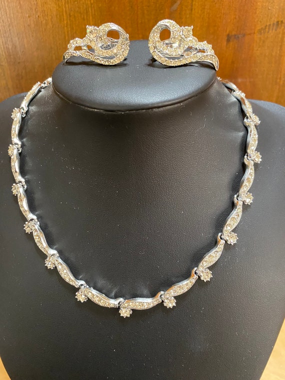 Vintage Rhinestone Choker Necklace Clip Earring S… - image 9