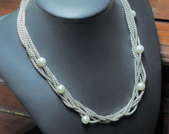 Vintage Chain Necklace Faux Pearl Entwined Silver toned Gift Boxed