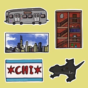 May include: Five stickers featuring Chicago-themed illustrations. The stickers include a grey train with the word "Loop" on the side, a red brick building with a fire escape, a skyline with the Willis Tower, a blue and white flag with the word "CHI" in red, and a black silhouette of a Chicago-style hot dog.