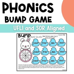 May include: A printable phonics game for kids featuring a bunny rabbit and a game board with short vowel words like "band", "trap", "disk", and "blob".