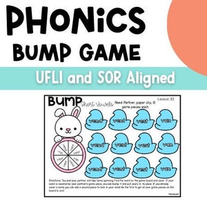 May include: A printable phonics game board with a bunny rabbit illustration. The board features the words "vend", "vent", "vest", and "van" in a grid pattern. The game is designed to help children learn short vowel sounds.