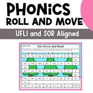 May include: A black and white game board with the words "Roll, Move, and Read" at the top. The board is divided into three columns, each with a different color. The words on the board are: Start, the, big, from, cut, the, big, him, but, men, said, said, got, yes, an, an, him, got, see, am, see, hot, as, has, hot, if, get, from, has, men, if, am, get, ten, him, cut, had, an, but, yes, ten, had, as, Finish.