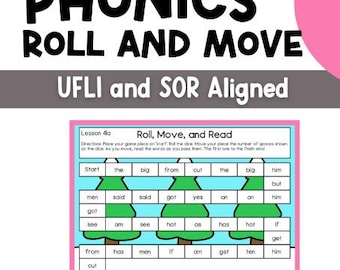 May include: A black and white game board with the words "Roll, Move, and Read" at the top. The board is divided into three columns, each with a different color. The words on the board are: Start, the, big, from, cut, the, big, him, but, men, said, said, got, yes, an, an, him, got, see, am, see, hot, as, has, hot, if, get, from, has, men, if, am, get, ten, him, cut, had, an, but, yes, ten, had, as, Finish.