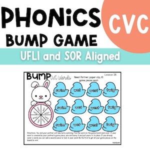 May include: A printable phonics game for kids featuring a bunny and a wheel with CVC words. The game board has 10 spaces with pictures of a bunny, a twig, a wet, and a swim. The game is designed to help children learn to read and spell CVC words.