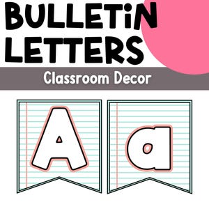 Könnte beinhalten: Weiße Buchstaben für das Bulletin mit schwarzem Umriss und rosa Akzenten, entworfen für die Klassenzimmerdekoration. Das Bild enthält die Buchstaben "A" und "a" auf wimpelförmigem Papier mit einem linierten Papierhintergrund. Die Wörter "BULLETIN LETTERS" und "Classroom Decor" werden ebenfalls angezeigt.
