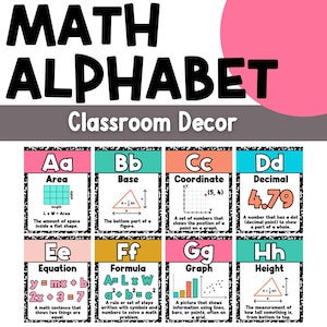 以下が含まれることがあります： 「Math Alphabet」と題された教室装飾ポスター。カラフルなカードが特徴で、「Area」や「Decimal」などの数学用語と定義、例が記載されています。教育目的でデザインされたポスターです。