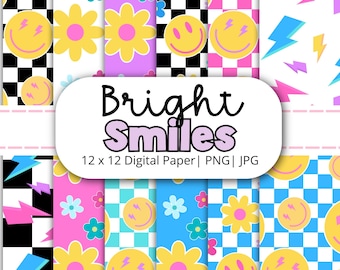 Retro Smiley Face Digital Paper: 12"x12" Scrapbook Graphics (JPG+PNG Digital Download)