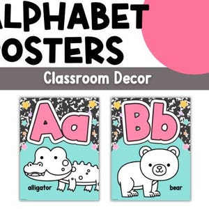 Pósteres del alfabeto de la A a la Z con temática pastel y cuaderno de composición para decoración del aula