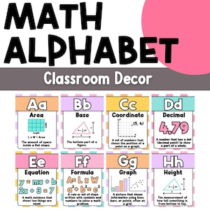May include: Colorful classroom decor featuring the words "MATH ALPHABET" and "Classroom Decor." The image displays educational posters with math terms like "Area," "Base," "Coordinate," and "Decimal." Each poster has a definition and visual aid.