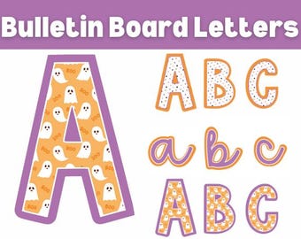 May include: A set of Halloween-themed bulletin board letters in uppercase and lowercase. The letters are orange with a purple outline and feature a pattern of white ghosts on an orange background. The letters are arranged in alphabetical order, starting with A and ending with C.