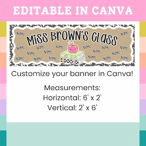 May include: A rectangular classroom banner featuring the text 'MISS BROWN'S CLASS' in black, surrounded by the word 'NAME' repeated multiple times. A stack of three books topped with a pink apple graphic is centered. Dimensions are 6' x 2' or 2' x 6'.