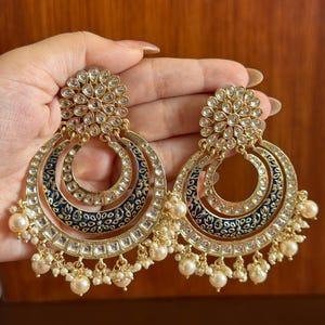 Golden Kundan Chandbali Earrings: Blue Meenakari Indian Jewelry