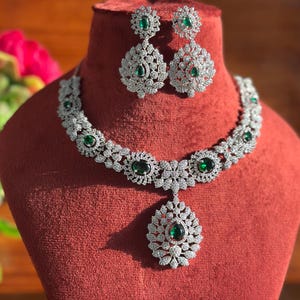 Premium Green CZ Pendant Set with Earrings, American diamond statement necklace, Indian silver jewelry, pakistani wedding set