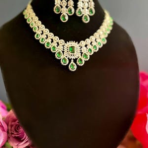Emerald Green American Diamond Necklace Set with Maang Tikka, High Quality CZ Zircon Bridal Wedding Jewelry , Indian Pakistani Statement Set