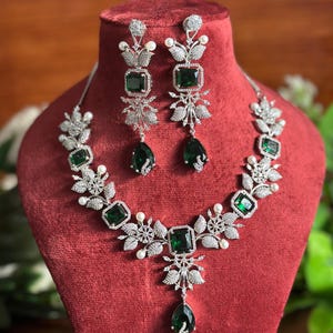 Emerald Green Faux Diamond Pendant Set with Earrings, unique zircon jewelry, cz Indian jewellery, pakistani wedding necklace