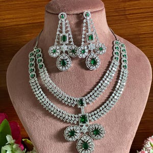 Silver Tone Emerald Green American Diamond set, high quality zircon necklace and earrings, CZ jewellery, Indian jewelry