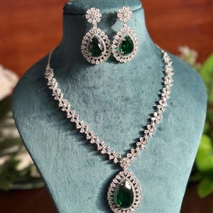 Emerald Green CZ Oval Pendant Set with Earrings, high quality zircon silver tone jewelry, Indian wedding jewellery, pakistani necklace set