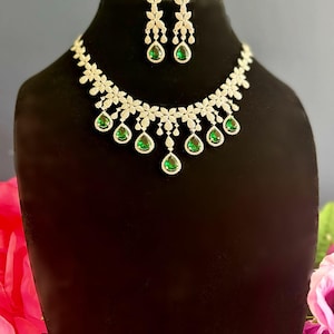 Emerald Green CZ Zircon Necklace Earrings Set, Indian Bridal Jewelry, Pakistani Wedding Nikaah Jewellery, American Diamond Set, gift for her