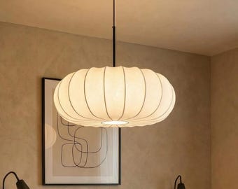Pumpkin Pendant Light, Japandi Wabi Sabi Ceiling Lamp, Modern Fabric Drum Chandelier
