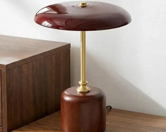 Mushroom Table Lamp, Brass Stem, Wood Base, Mid Century Modern Night Light