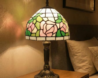 Tiffany Style Table Lamp Stained Glass Rose Floral Shade Vintage Antique Bedside Night Light Home Decor Gift