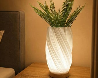 Nordic Swirl 3D Printed Table Lamp – Wooden Base Bedside Night Light
