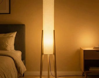 Tripod Floor Lamp | Wooden Mid Century Scandinavian Linen Shade Home Decor