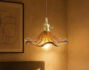 Vintage Amber Glass Floral Pendant Light, Art Deco Brass Hanging Lamp